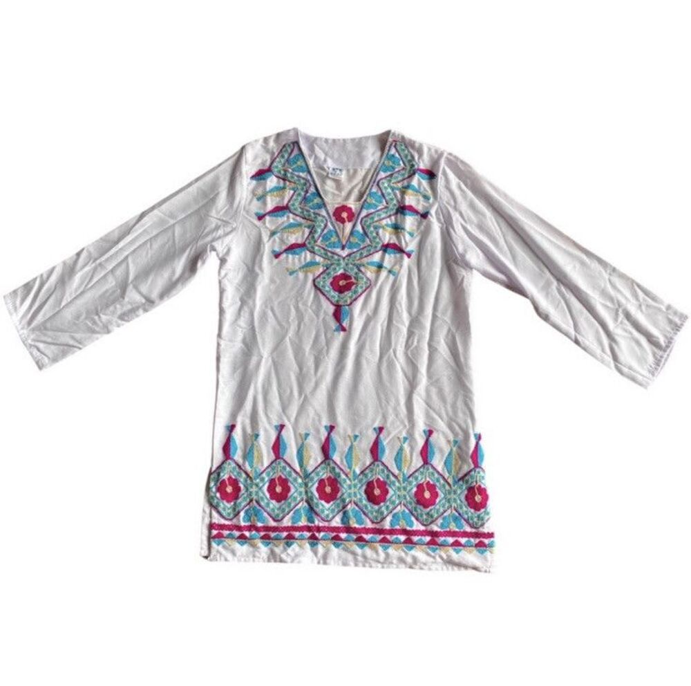 1970s Vintage Mexican Embroidered Cotton Peasant Mini Dress Boho Tunic M